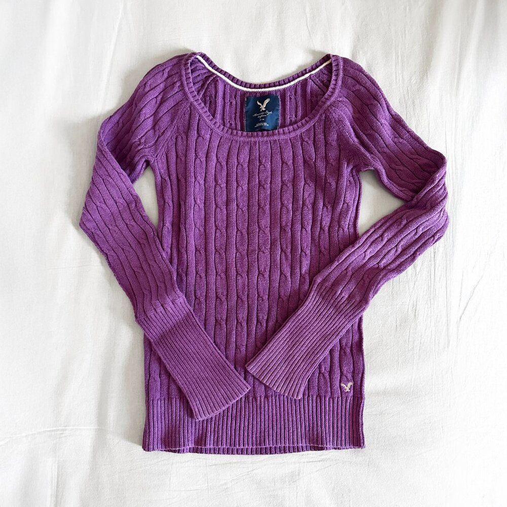 Vintage Y2K American Eagle Lavender Purple Cable Knit Sweater Preppy 2000s - M